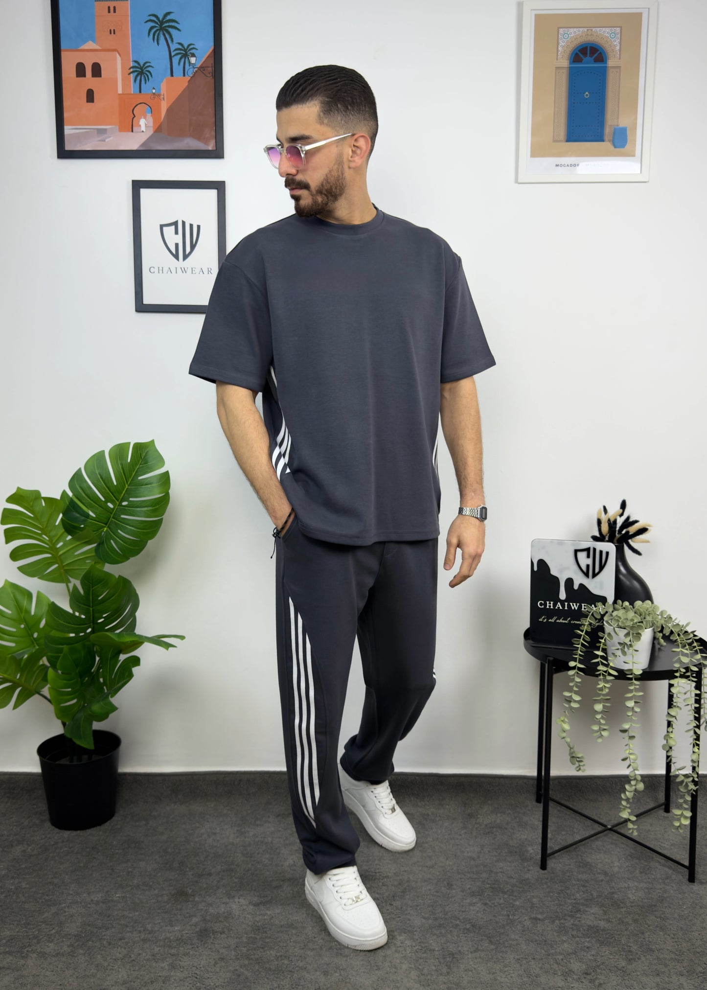Pantalon et T-shirt Oversize en coton lourd 320 GSM Motif Bandes découpe couture