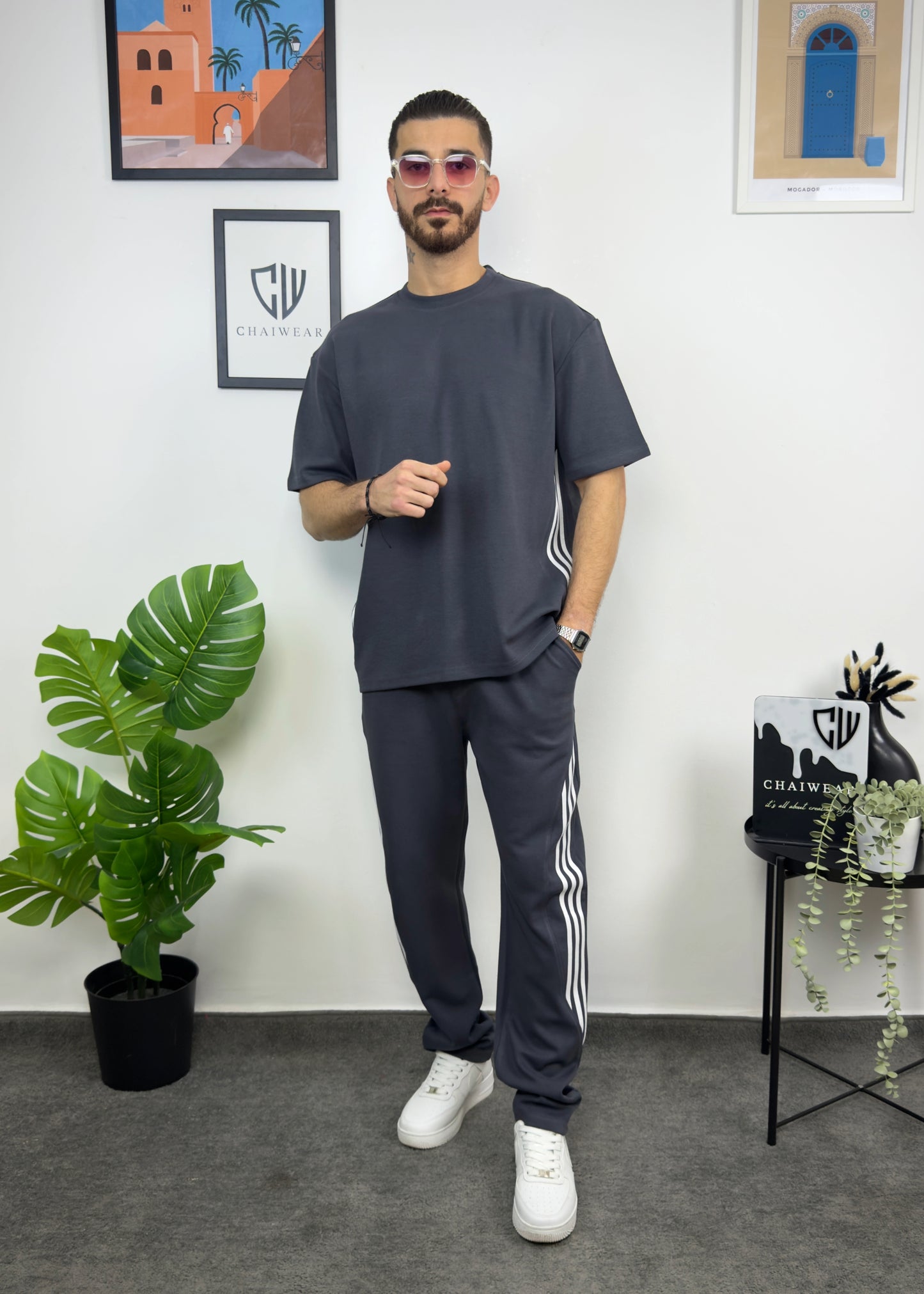 Pantalon et T-shirt Oversize en coton lourd 320 GSM Motif Bandes découpe couture