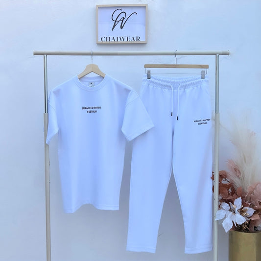 Ensemble Pantalon et T-shirt over size Miracles Blanc en coton lourd 320g / m²