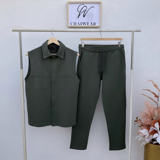 Pantalon et Débardeur avec bouton Vert kaki oversize en coton lourd 320g / m²