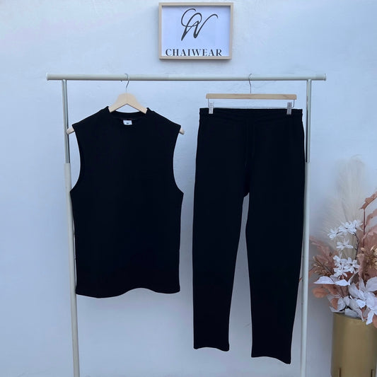 Pantalon et Débardeur Noir oversize avec poche en coton lourd 320g / m²