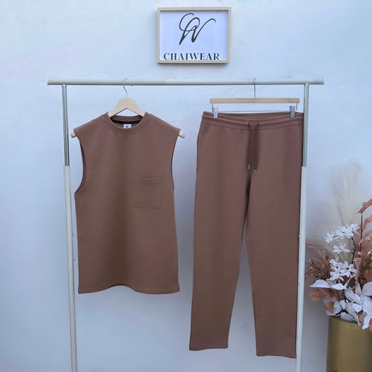 Pantalon et Débardeur Marron oversize avec poche en coton lourd 320g / m²