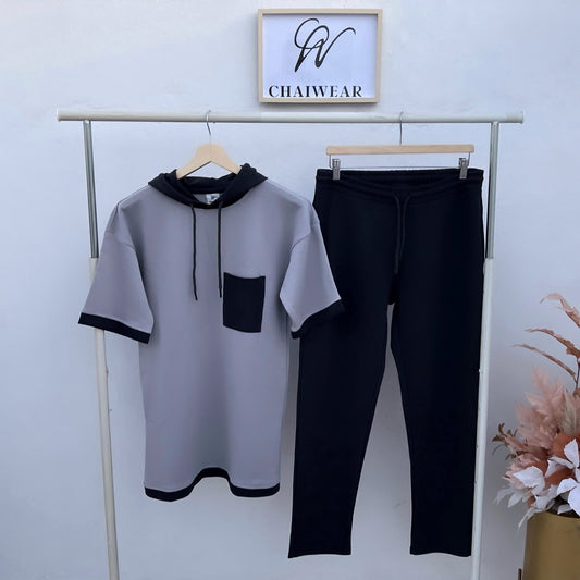 Pantalon et T-shirt avec capuche Gris foncé et Gris clair avec poche en coton lourd 320g / m²