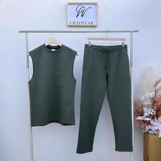 Pantalon et Débardeur Vert kaki oversize avec poche en coton lourd 320g / m²