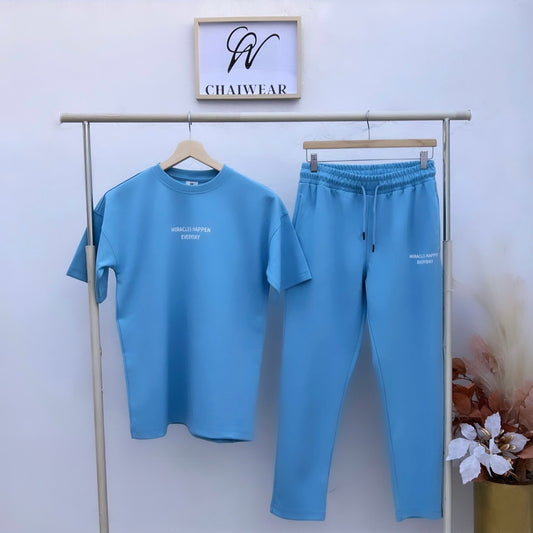 Ensemble Pantalon et T-shirt over size Miracles Bleu ciel en coton lourd 320g / m²