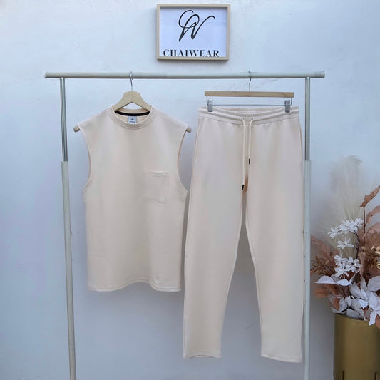 Pantalon et Débardeur Blanc cassé oversize avec poche en coton lourd 320g / m²