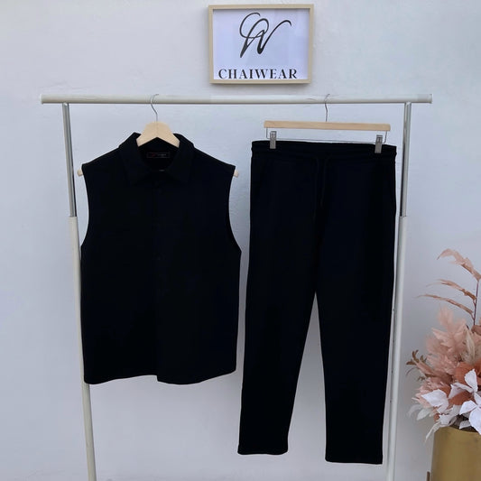 Pantalon et Débardeur avec bouton Noir oversize en coton lourd 320g / m²