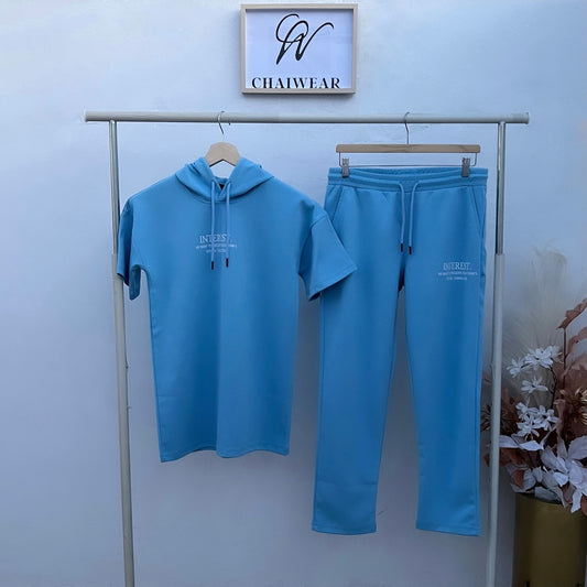 Pantalon et T-shirt avec capuche Bleu ciel en coton lourd INTEREST 320g / m²
