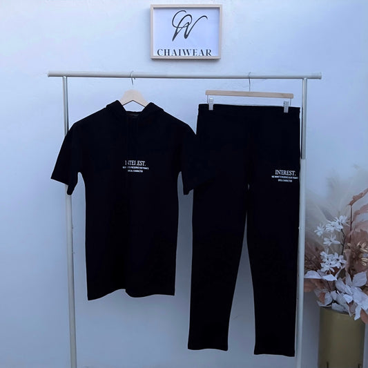 Pantalon et T-shirt avec capuche Noir en coton lourd INTEREST 320g / m²