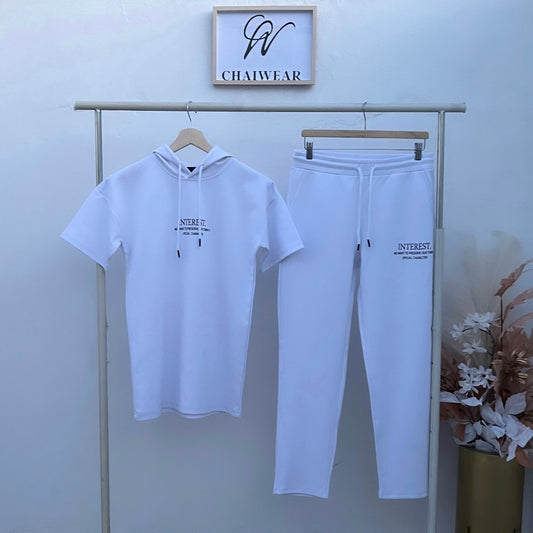 Pantalon et T-shirt avec capuche blanc en coton lourd INTEREST 320g / m²