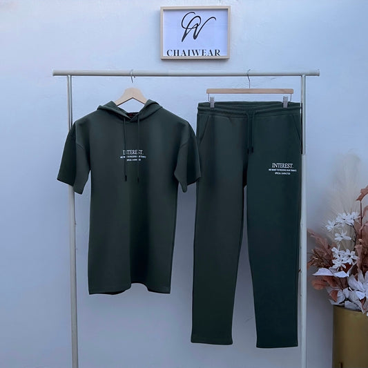 Pantalon et T-shirt avec capuche Vert kaki en coton lourd INTEREST 320g / m²