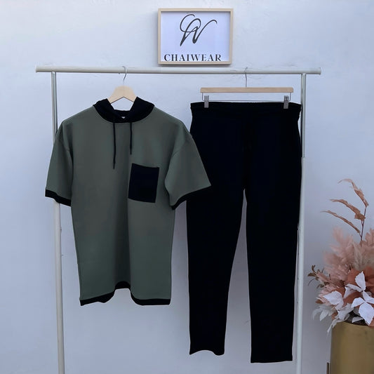 Pantalon et T-shirt avec capuche Noir et vert kaki avec poche en coton lourd 320g / m²